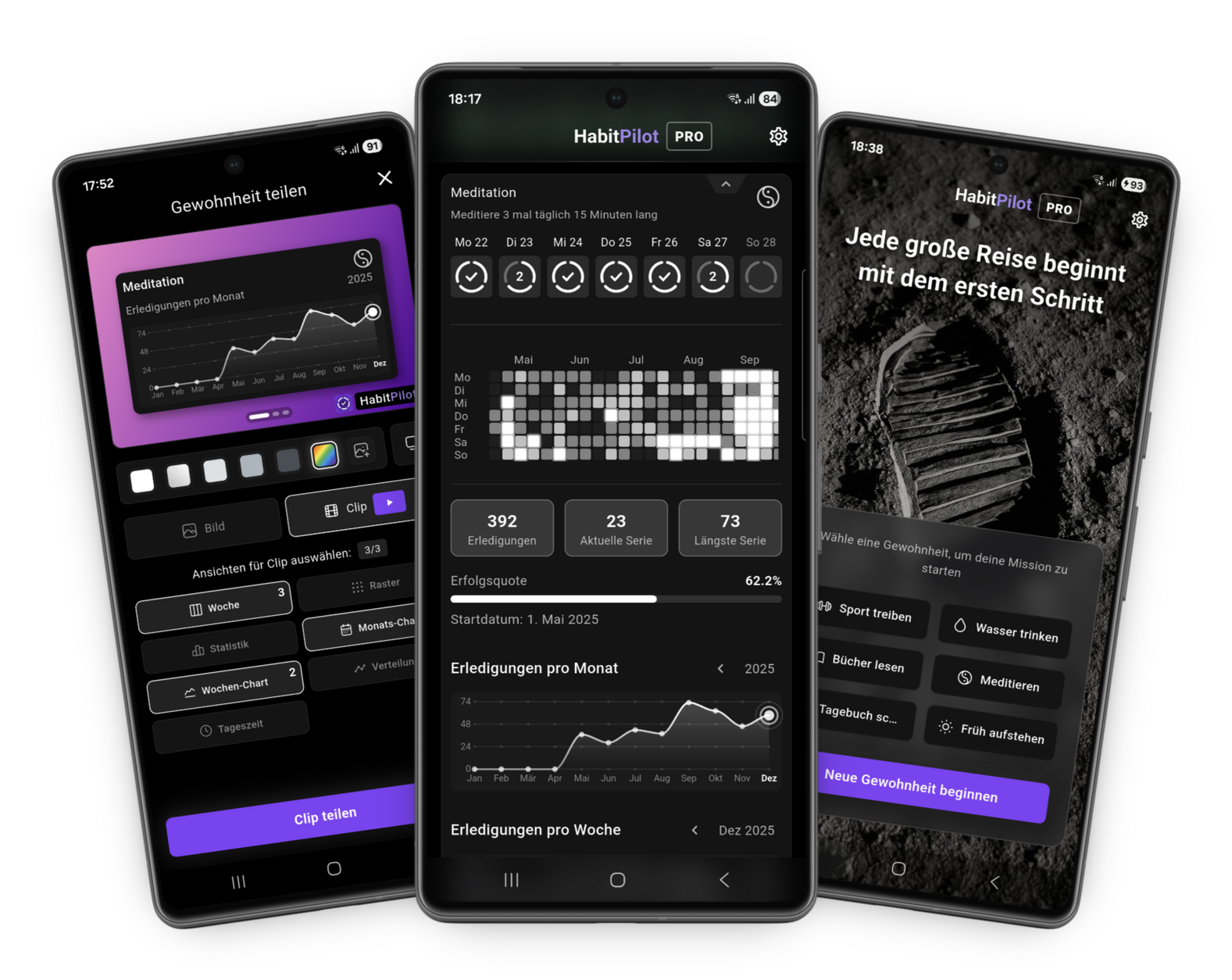 HabitPilot App Showcase – Gewohnheits-Tracker Statistik & Fortschritts-Ansicht Drei Smartphone-Screens der HabitPilot-App: links das Sharing-Feature zur Erstellung von Video-Clips, in der Mitte Fortschrittsstatistiken mit Heatmap und Streaks, rechts die Onboarding-Ansicht im dunklen UI-Design.