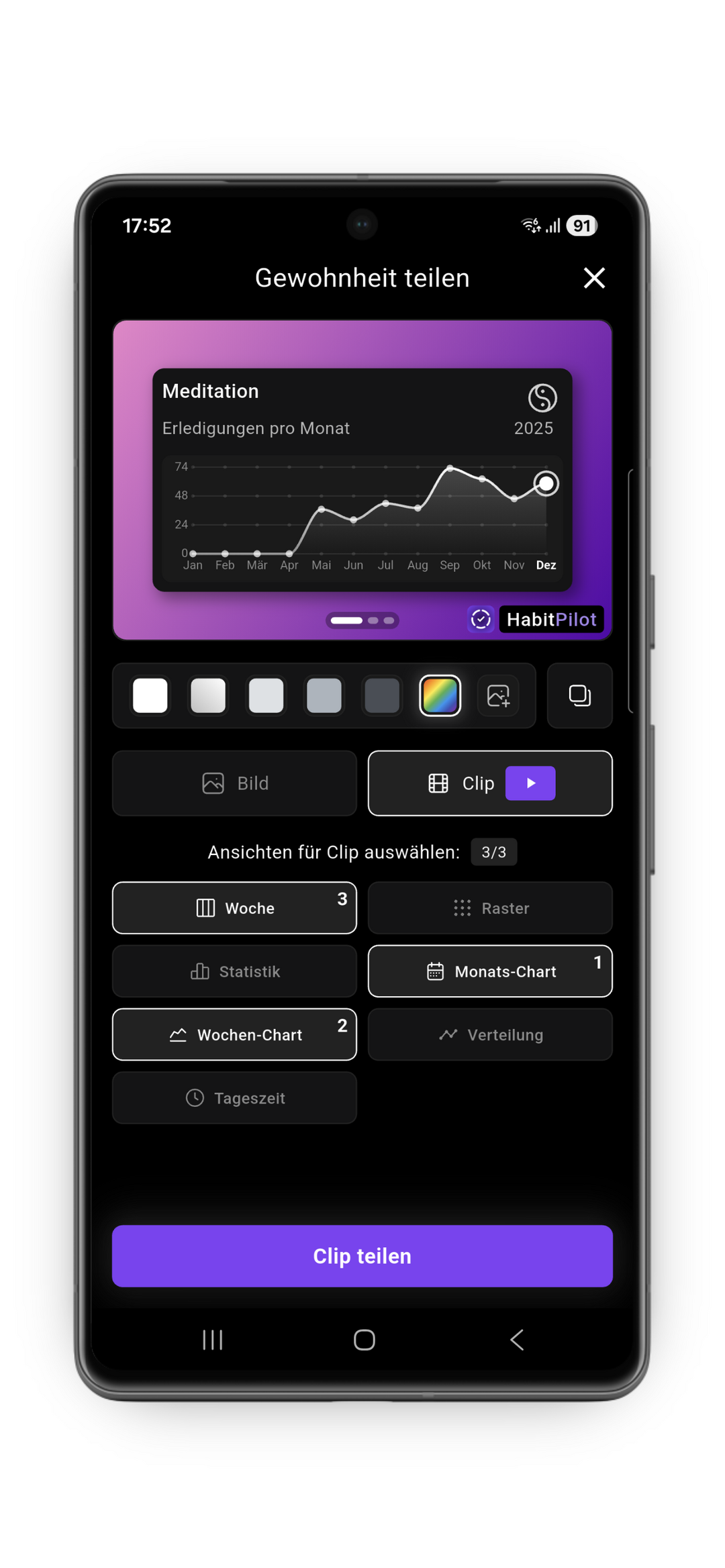 HabitPilot Feature: Gewohnheiten teilen mit stylischen Charts & Video-Clips Der HabitPilot Screen „Gewohnheit teilen“ zeigt den Export von Erfolgen. Zu sehen ist ein Liniendiagramm der monatlichen Erledigungen, Farbauswahl für Hintergründe und die Option, Fortschritte als dynamischen 15s Video-Clip für Social Media zu exportieren.