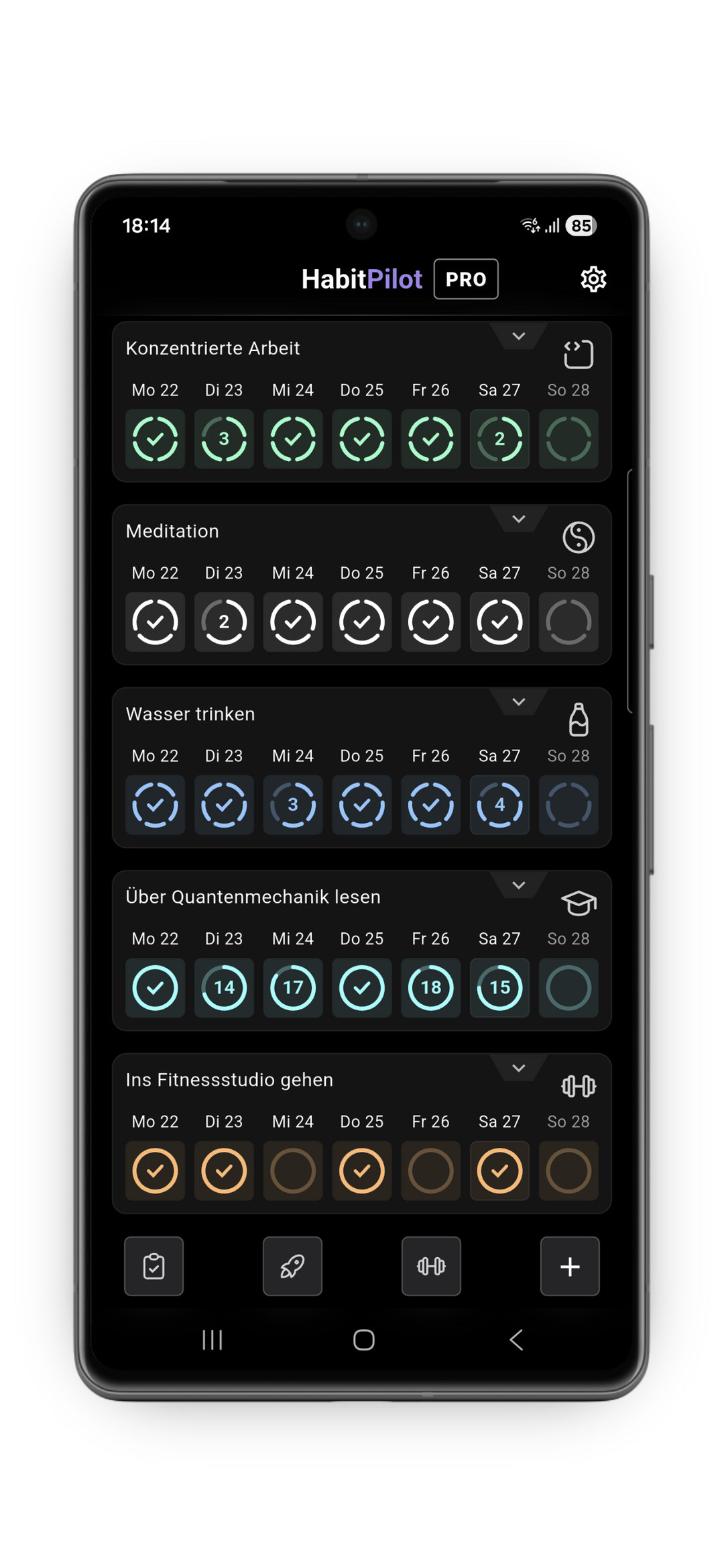HabitPilot Mission Control: Das Dashboard für tägliche Gewohnheiten & Routinen Die HabitPilot Startseite zeigt eine Liste aktiver Gewohnheiten wie Arbeiten, Meditation und Fitness. Das dunkle Design bietet eine Wochenansicht mit Check-Buttons für müheloses Tracking und den schnellen Überblick über den täglichen Fortschritt.