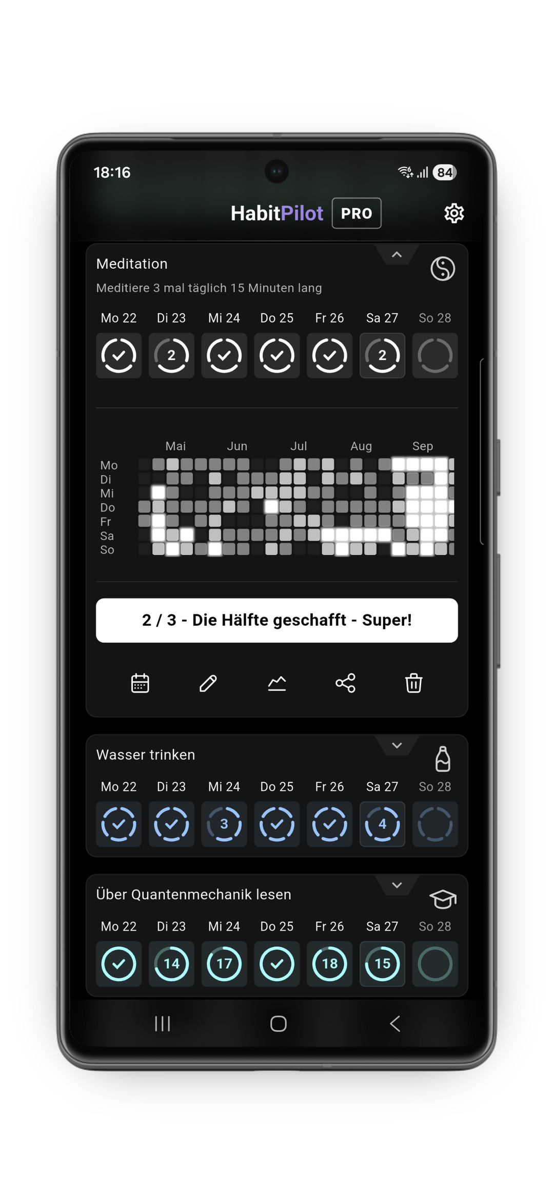 HabitPilot Feature: Detaillierte Gewohnheits-Analyse & Activity Grid Infografik der HabitPilot App die eine Detailansicht einer Gewohnheit zeigt. Zu sehen sind ein Aktivitäts-Grid (Heatmap), Fortschrittsbalken für Teil-Erfolge bei Meditation und Wasser trinken sowie motivierende Texte über langfristige Konsistenz.